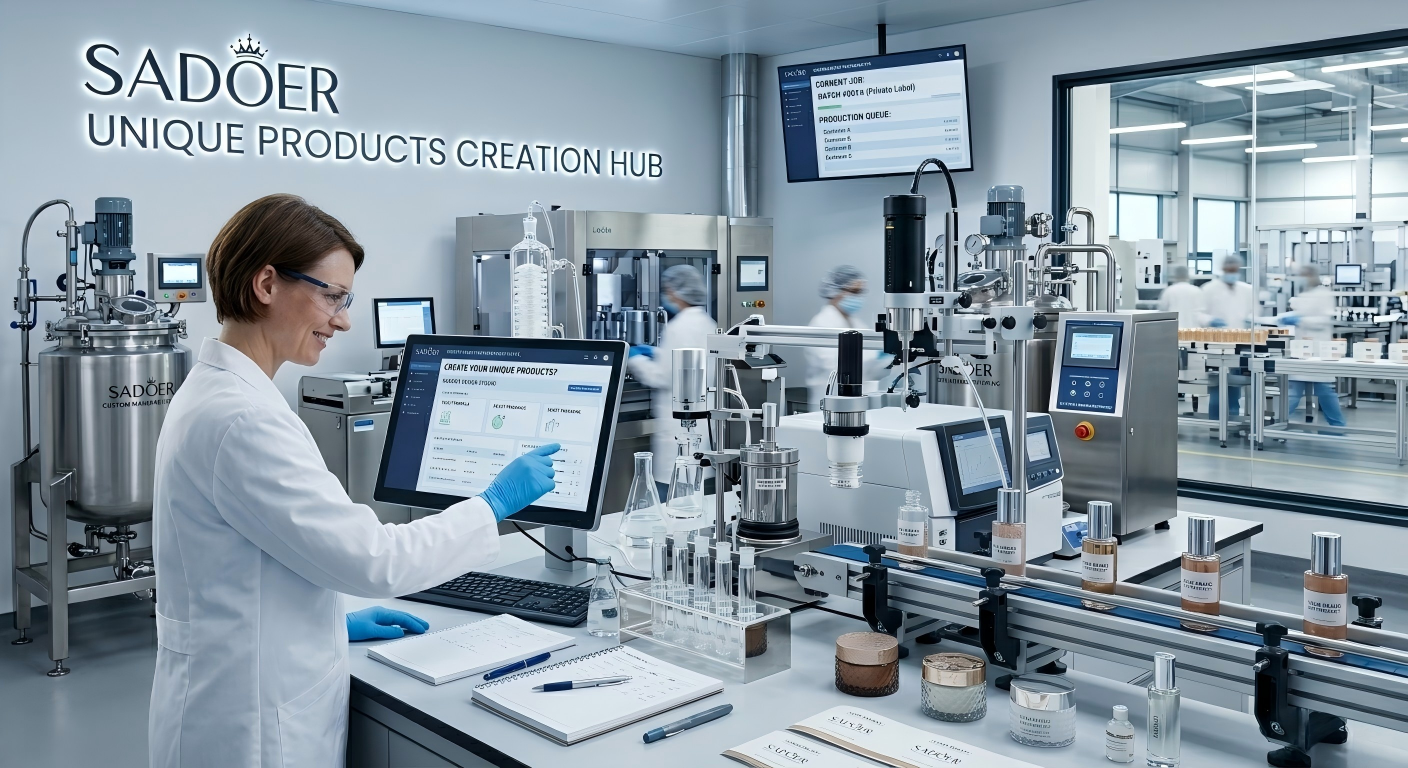 A focused cosmetics formulator interacting with a sophisticated customization terminal, surrounded by formulas, elegant bottles, and robotic machinery in a high-tech lab to create unique products, building on the advanced facility capabilities.