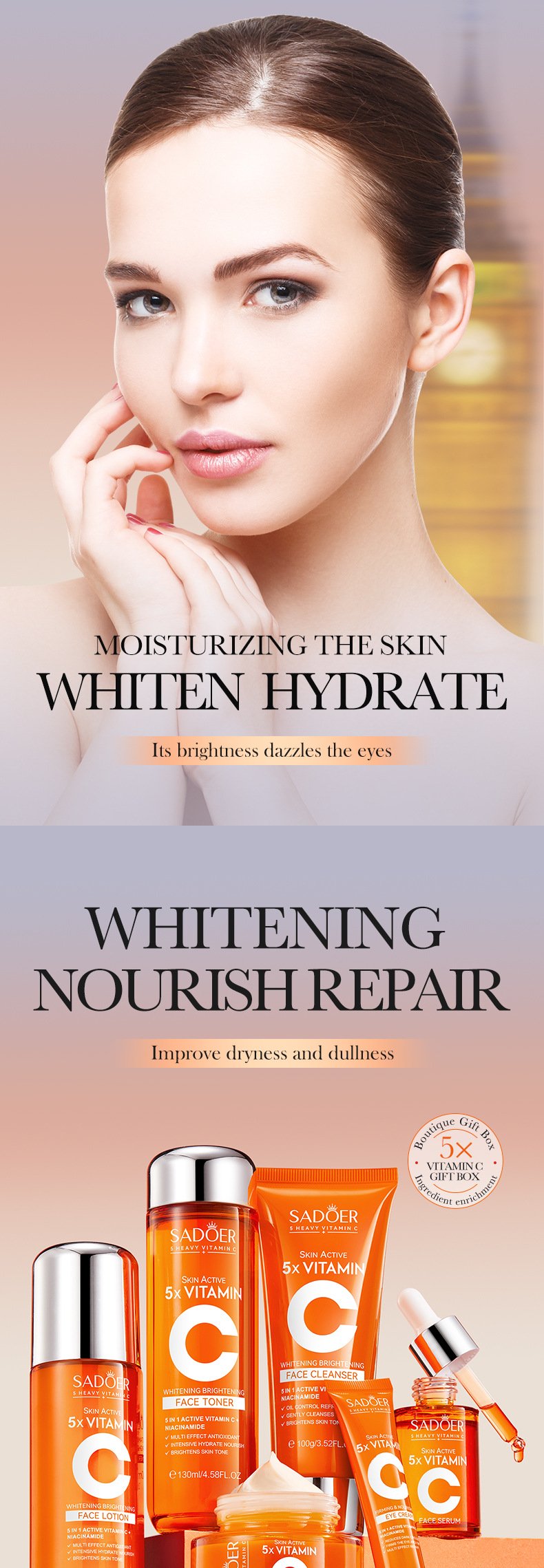 SADOER Vitamin C whitening and brightening skincare set box