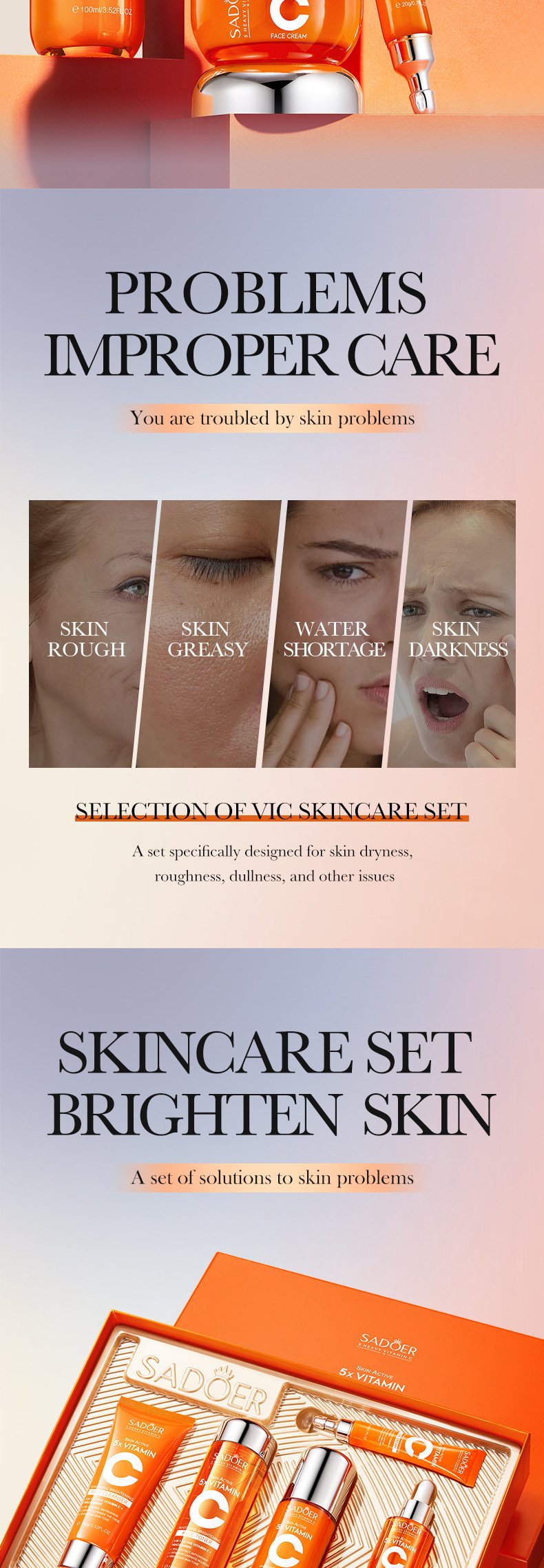 Close-up shot of SADOER 5x Vitamin C skincare products