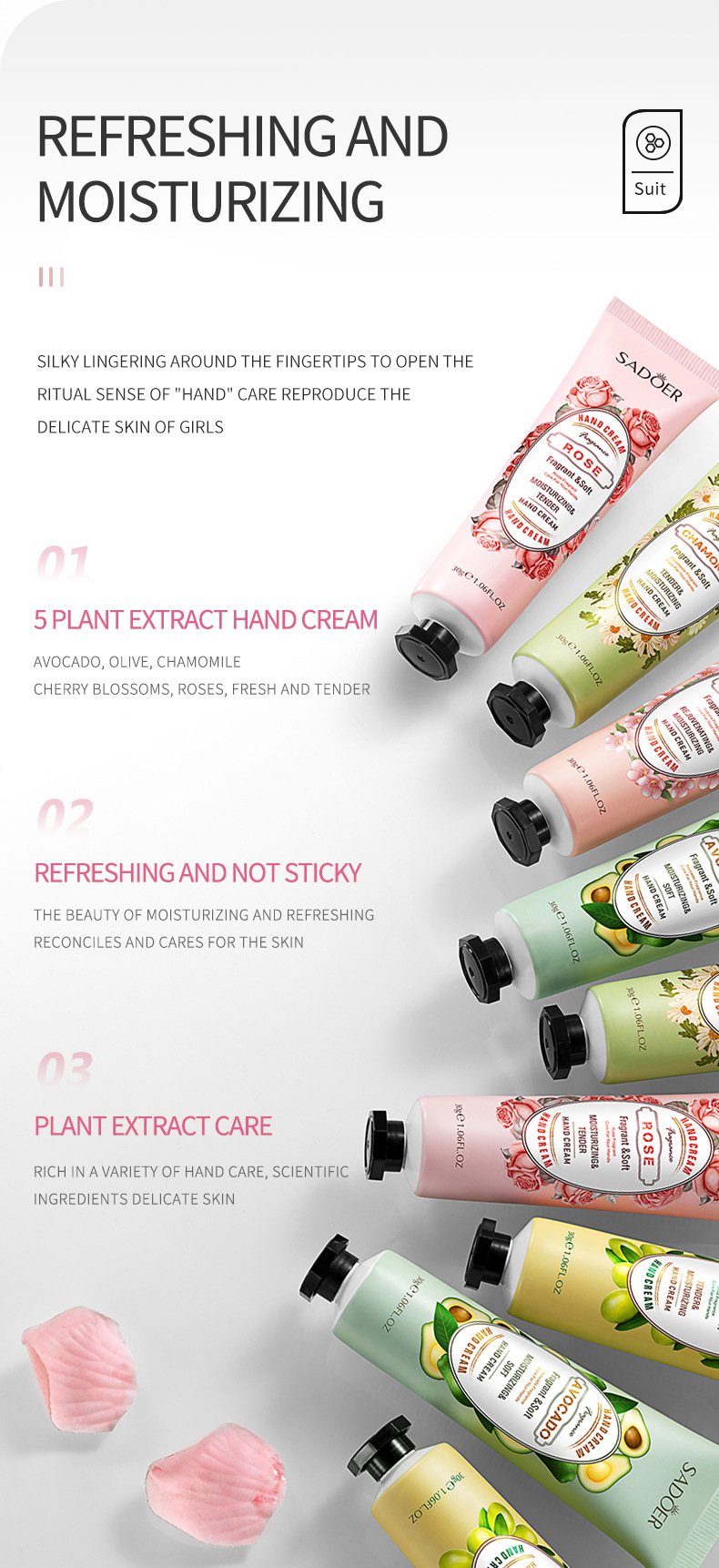 refreshing non sticky hand cream with avocado olive chamomile cherry blossom rose
