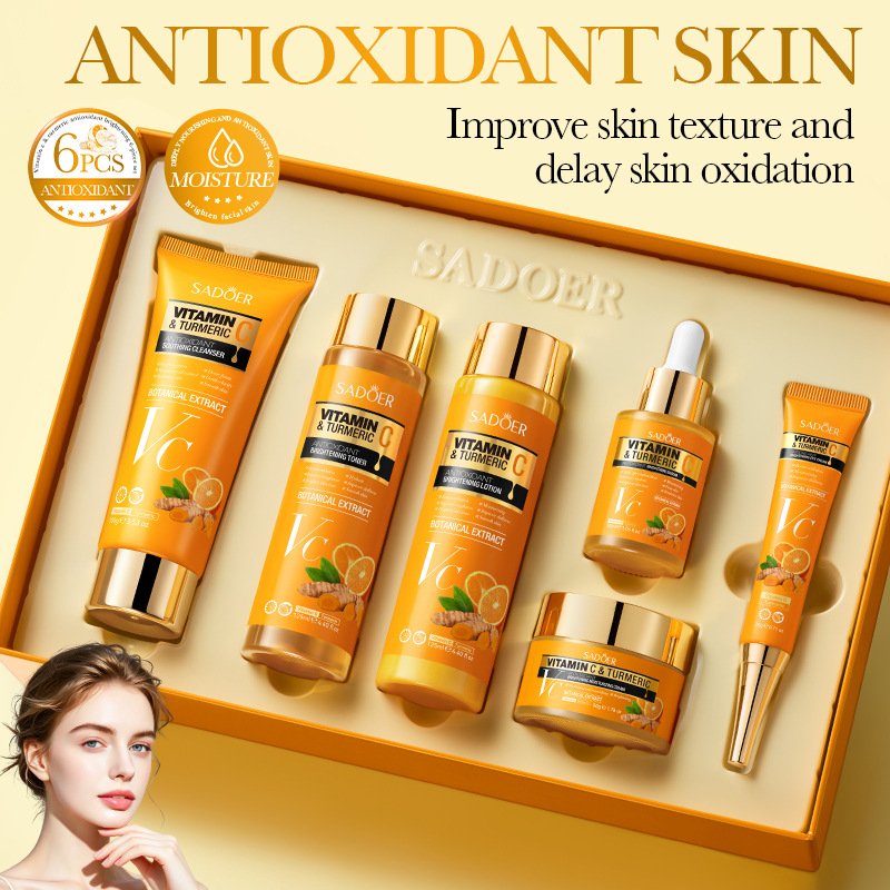 SADOER Vitamin C & Turmeric 6-Piece Antioxidant Brightening Skincare Gift Set (NO.SD13662) - Facial Care Kit with Cleanser, Toner, Eye Cream, Serum, Lotion & Cream