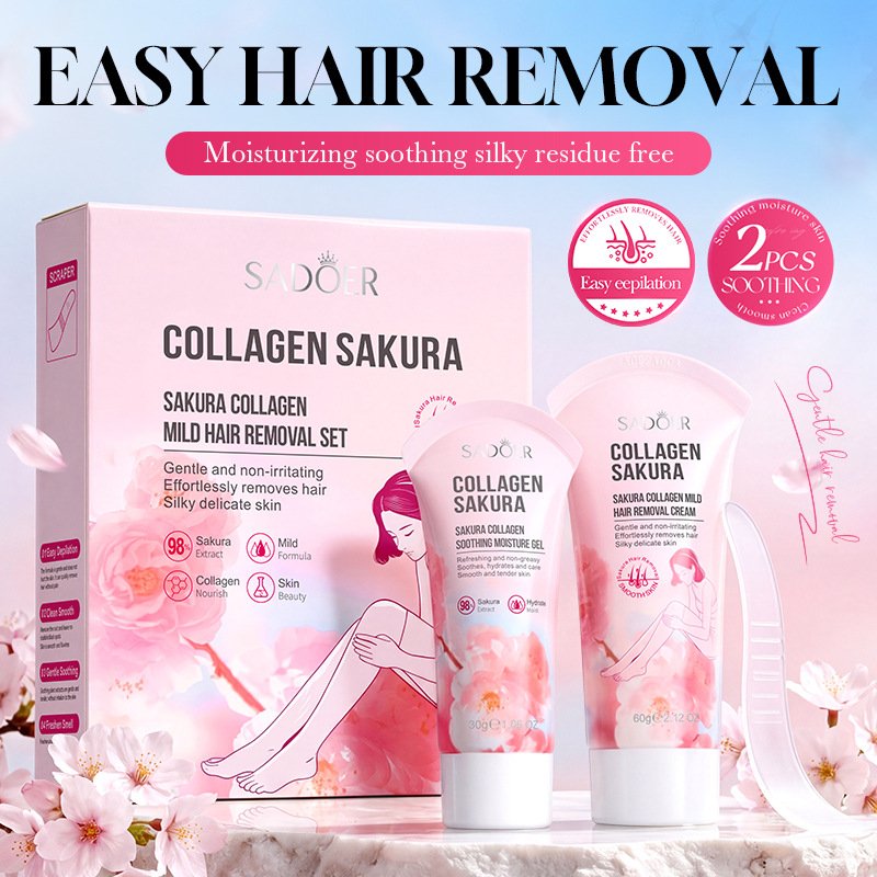 SADOER Sakura Collagen Mild Hair Removal Set (NO.SD82985) | Gentle Depilatory Cream & Soothing Gel 2-Piece Kit Wholesale & OEM/ODM Custom Private Label - Image 2