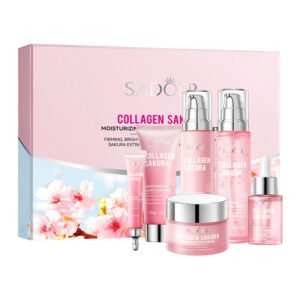 SADOER Collagen Sakura 6-Piece Skincare Set (NO.SD02969) - Complete Facial Care Gift Kit with Cleanser, Toner, Eye Cream, Hydrate Serum, Moisture Lotion & Cream for Firming, Brightening & Hydration