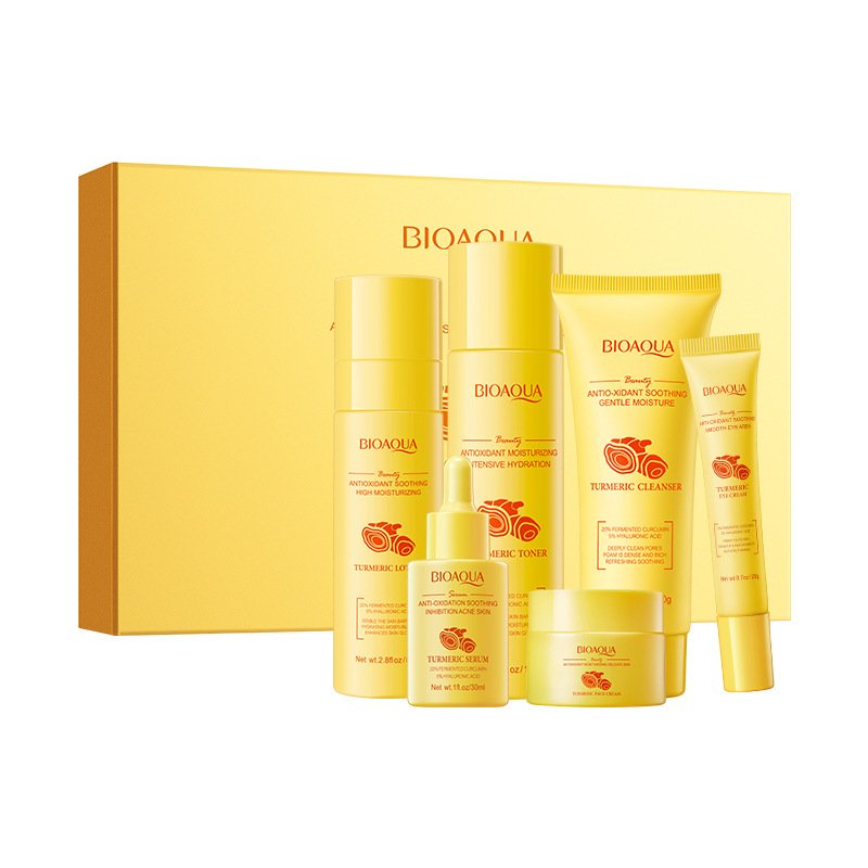 BIOAQUA Turmeric Skin Gift Box Six-Piece Set (NO.BQY50410) - Anti-Oxidant, Soothing & Brightening Skincare Set with Cleanser, Toner, Lotion, Eye Cream, Serum & Face Cream