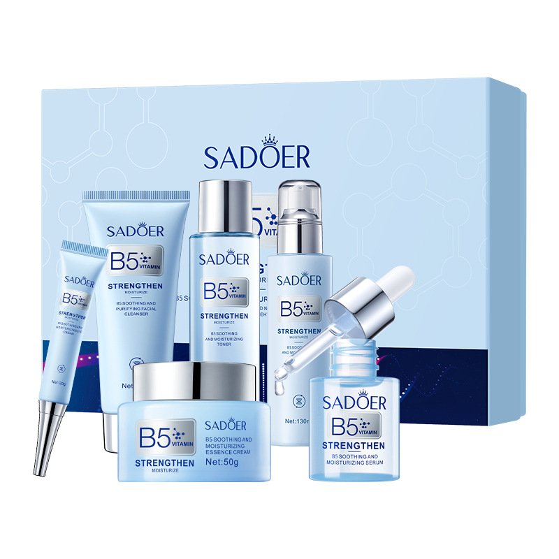 SADOER Vitamin B5 Soothing & Moisturizing 6-Piece Skincare Set (NO.SD85115) - Hydrating & Repairing Barrier Kit with Panthenol, Zinc Hydrolyzed Collagen & Trehalose (Cleanser, Toner, Eye Cream, Serum, Lotion, Essence Cream)