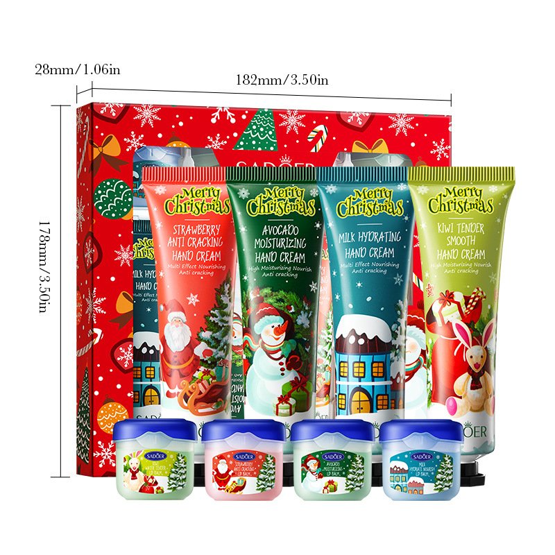 SADOER Christmas Hand Cream & Lip Balm Set 8 Pieces Avocado Kiwi Strawberry Milk Moisturizing Anti-Cracking Hand Cream Lip Balm Gift Set OEM ODM Private Label Wholesale
